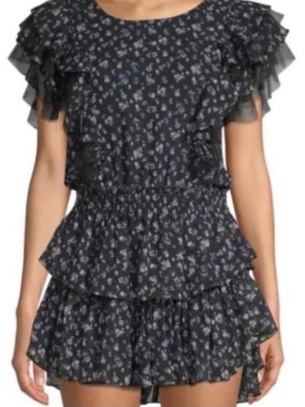 Loveshackfancy Katie 100% Silk Floral Mini Dress Size Small Navy Chiffon Ruffle